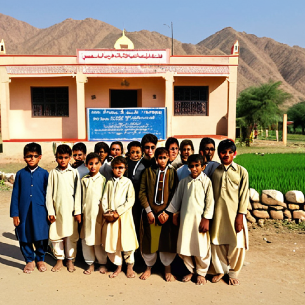 **A vibrant, sunlit village school in rural Pakistan. Children, both boys and girls in traditional shalwar kameez, are eagerly entering the school building. The school is simple but well-maintained, with a sign in Urdu script. In the background, fertile green fields stretch out, and a few villagers are looking on with pride.** (This visualizes the section about overcoming ignorance through education and the impact on a village.)