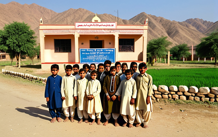 **A vibrant, sunlit village school in rural Pakistan. Children, both boys and girls in traditional shalwar kameez, are eagerly entering the school building. The school is simple but well-maintained, with a sign in Urdu script. In the background, fertile green fields stretch out, and a few villagers are looking on with pride.** (This visualizes the section about overcoming ignorance through education and the impact on a village.)