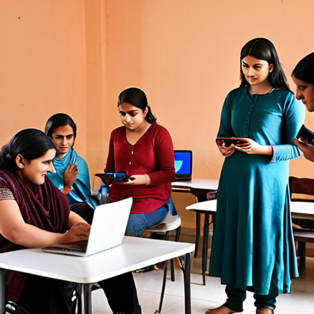 **Image:** A diverse group of people (including women, people with disabilities, and individuals from rural areas) interacting with digital devices (smartphones, laptops) in a community center setting. Some are learning from instructors, others are helping each other. The scene should evoke a sense of empowerment and social inclusion through digital literacy.
    **Prompt:** *Diverse group learns digital skills, community center, empowerment, social inclusion, digital literacy, smartphones, laptops, rural setting, disability access, women's empowerment, Urdu culture, warm lighting, vibrant colors.*