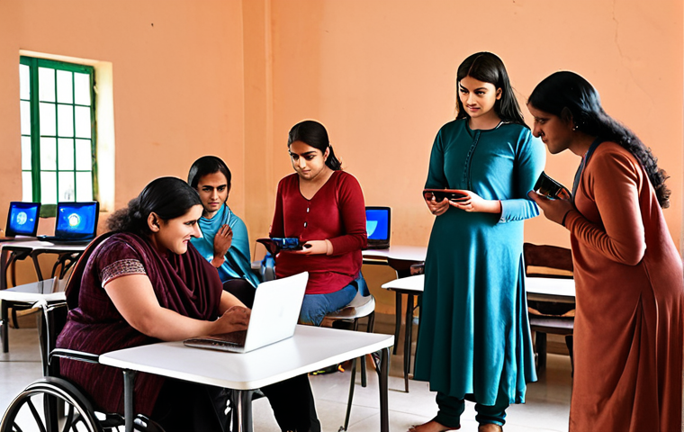 **Image:** A diverse group of people (including women, people with disabilities, and individuals from rural areas) interacting with digital devices (smartphones, laptops) in a community center setting. Some are learning from instructors, others are helping each other. The scene should evoke a sense of empowerment and social inclusion through digital literacy.
    **Prompt:** *Diverse group learns digital skills, community center, empowerment, social inclusion, digital literacy, smartphones, laptops, rural setting, disability access, women's empowerment, Urdu culture, warm lighting, vibrant colors.*