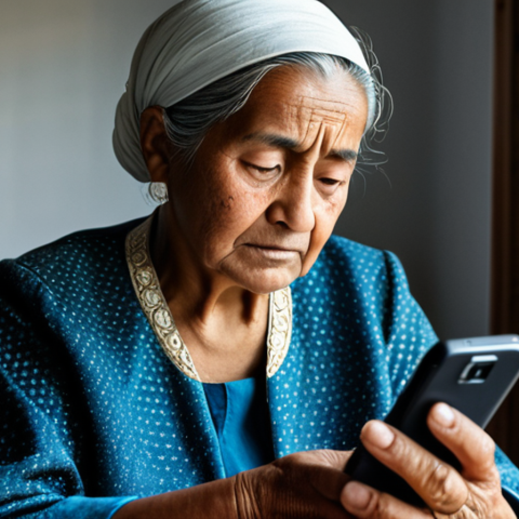 A modest older woman, fully clothed in appropriate traditional attire, attentively engaging with a modern smartphone, her expression reflecting thoughtful concentration in a humble, well-lit home environment. This professional photograph depicts the challenges of the digital divide, safe for work, appropriate content, family-friendly. Emphasize perfect anatomy, correct proportions, natural pose, well-formed hands, proper finger count, natural body proportions, high quality, realistic.