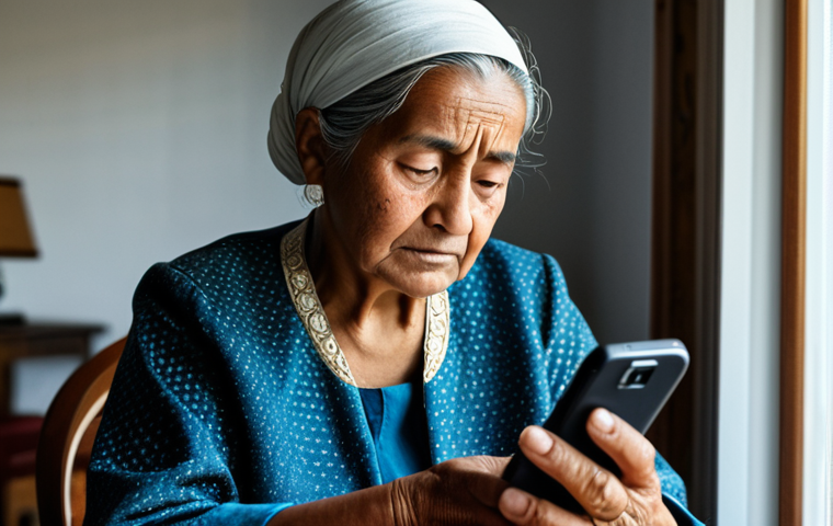 A modest older woman, fully clothed in appropriate traditional attire, attentively engaging with a modern smartphone, her expression reflecting thoughtful concentration in a humble, well-lit home environment. This professional photograph depicts the challenges of the digital divide, safe for work, appropriate content, family-friendly. Emphasize perfect anatomy, correct proportions, natural pose, well-formed hands, proper finger count, natural body proportions, high quality, realistic.