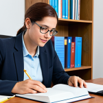 A professional adult preparing for a literacy teacher exam, focused on their studies at a well-organized desk. They are surrounded by educational books, open notebooks, and a laptop displaying academic material. The individual is fully clothed in modest, professional attire. The setting is a quiet, brightly lit study room. Perfect anatomy, correct proportions, natural pose, well-formed hands, proper finger count, natural body proportions. The atmosphere is diligent and determined. High-resolution, professional photography, appropriate content, safe for work, family-friendly.