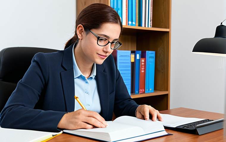 A professional adult preparing for a literacy teacher exam, focused on their studies at a well-organized desk. They are surrounded by educational books, open notebooks, and a laptop displaying academic material. The individual is fully clothed in modest, professional attire. The setting is a quiet, brightly lit study room. Perfect anatomy, correct proportions, natural pose, well-formed hands, proper finger count, natural body proportions. The atmosphere is diligent and determined. High-resolution, professional photography, appropriate content, safe for work, family-friendly.