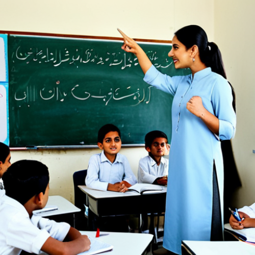 Home 29 **
"A dedicated teacher in a modest classroom setting, surrounded by eager students. The teacher is fully clothed in professional attire, pointing to a whiteboard filled with Urdu script. The classroom is bright and inviting, with bookshelves lining the walls. Safe for work, appropriate content, perfect anatomy, natural proportions, family-friendly."
**