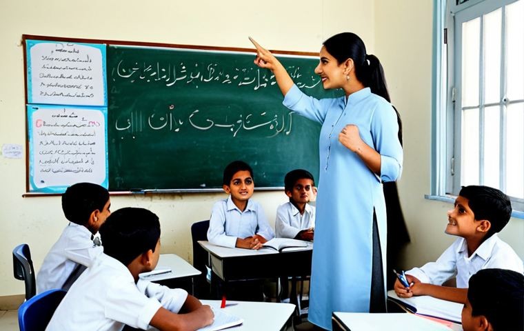 **

"A dedicated teacher in a modest classroom setting, surrounded by eager students. The teacher is fully clothed in professional attire, pointing to a whiteboard filled with Urdu script.  The classroom is bright and inviting, with bookshelves lining the walls. Safe for work, appropriate content, perfect anatomy, natural proportions, family-friendly."

**