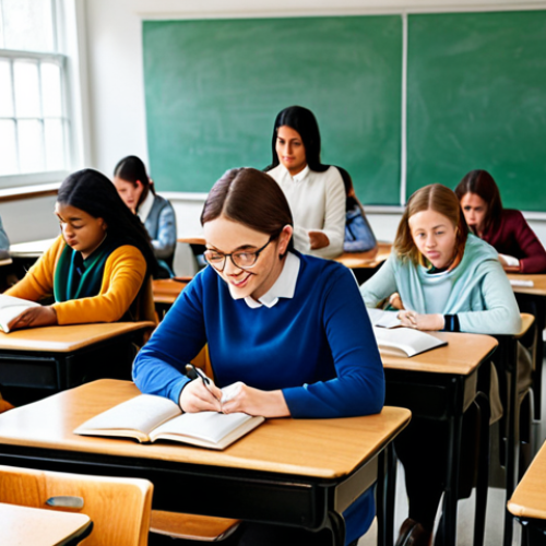 Home 28 **
"A dedicated teacher, fully clothed in modest, professional attire, guiding a diverse group of adult students in a brightly lit classroom. The students are attentively engaged in learning to read and write. Books and learning materials are visible on desks. Safe for work, appropriate content, perfect anatomy, correct proportions, natural pose, family-friendly, high-quality illustration."
**