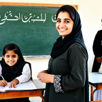**

"A female teacher in Pakistan, wearing a traditional shalwar kameez (fully clothed, modest attire), smiles warmly while teaching a literacy class to adult women. The classroom is bright and welcoming, with Urdu script on the blackboard.  Safe for work, appropriate content, professional setting, perfect anatomy, natural proportions, high resolution, family-friendly."

**