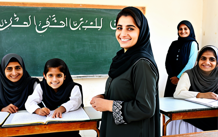 **

"A female teacher in Pakistan, wearing a traditional shalwar kameez (fully clothed, modest attire), smiles warmly while teaching a literacy class to adult women. The classroom is bright and welcoming, with Urdu script on the blackboard.  Safe for work, appropriate content, professional setting, perfect anatomy, natural proportions, high resolution, family-friendly."

**