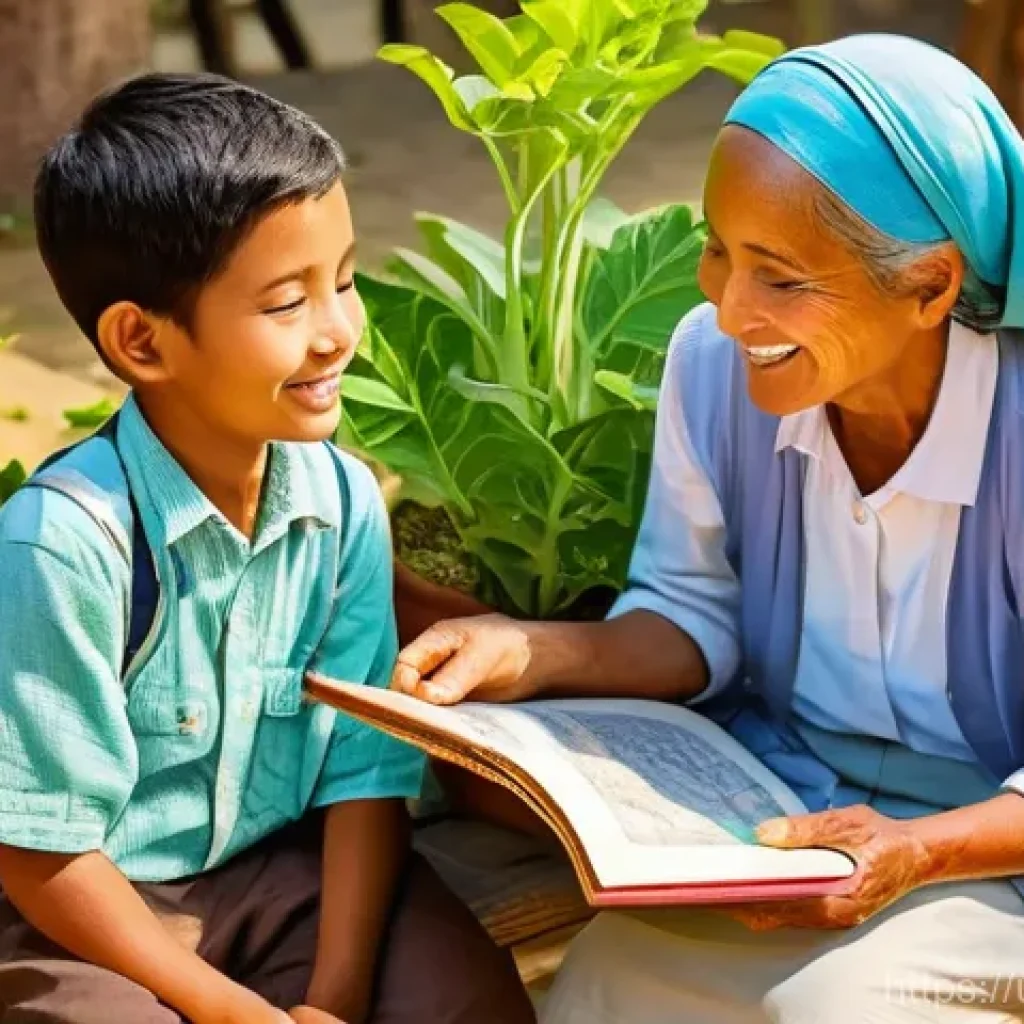 문해교육사와 직무 경험 공유 사례 - **Prompt:** A heartwarming and vibrant scene depicting a diverse group of children and a kind, elder...