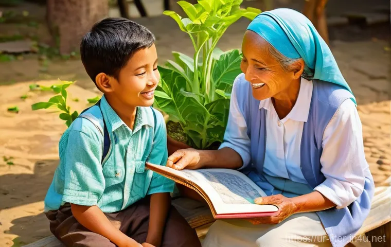 문해교육사와 직무 경험 공유 사례 - **Prompt:** A heartwarming and vibrant scene depicting a diverse group of children and a kind, elder...