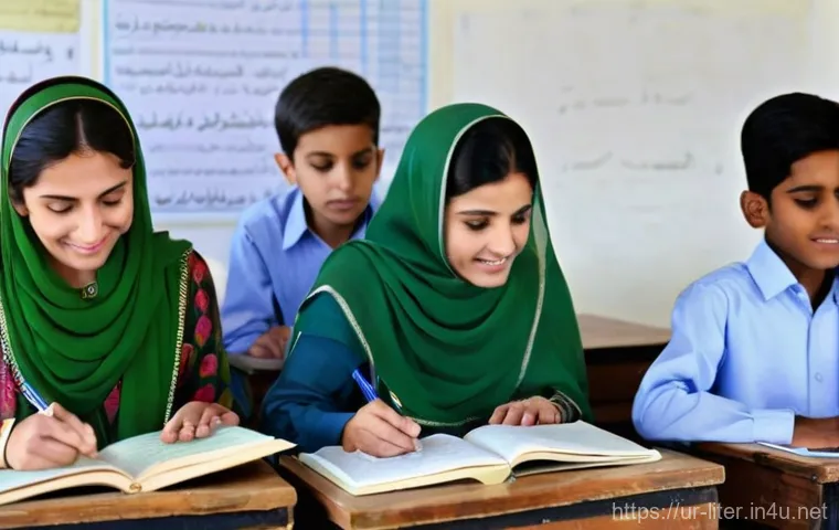 문해교육사 관련 서적 추천 - **Prompt:** A warm, inviting classroom scene set in an Urdu-speaking community. A kind-faced, modest...