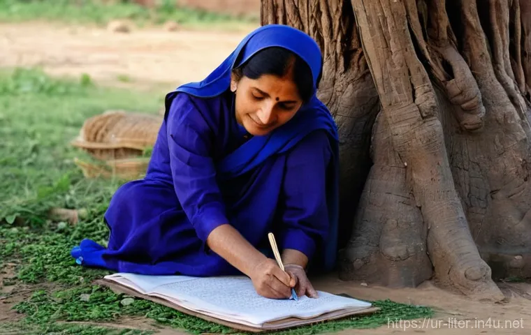 문해교육사 직업 만족도 조사 - **Prompt:** A heartwarming scene in a rural Pakistani village. A kind-faced female literacy teacher,...