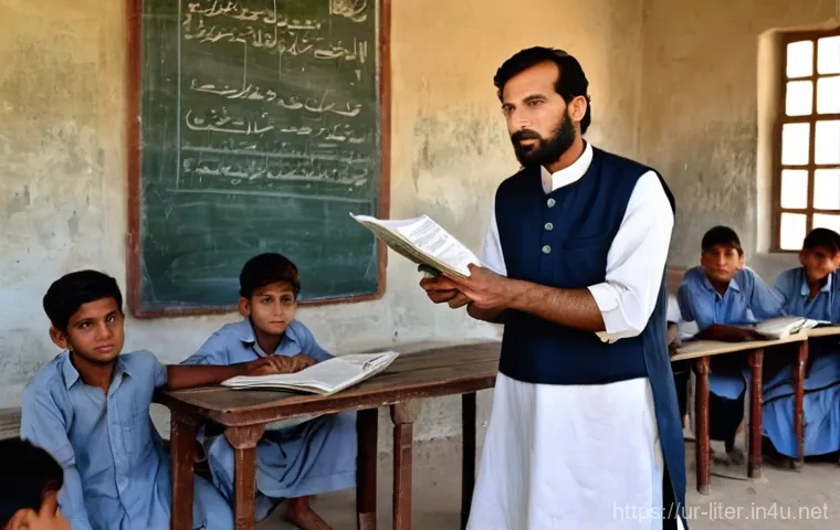 문해교육사 직업 만족도 조사 - **Prompt:** A heartwarming scene in a rural Pakistani village. A kind-faced female literacy teacher,...