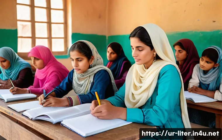 문해교육사와 직업 훈련 프로그램 - A community literacy class in a rural Pakistani village, featuring diverse adults and elderly women ...