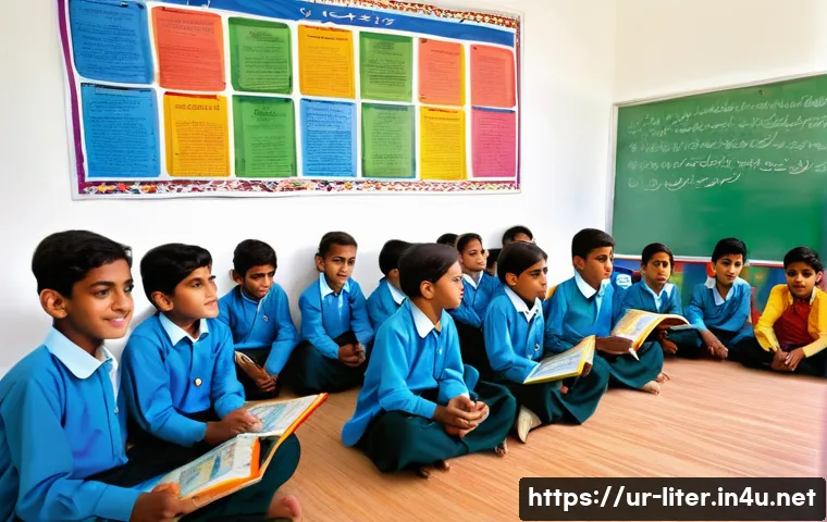 문해교육사와 학습 분석 사례 - A vibrant classroom scene in a modern Pakistani school, featuring a diverse group of children aged 7...