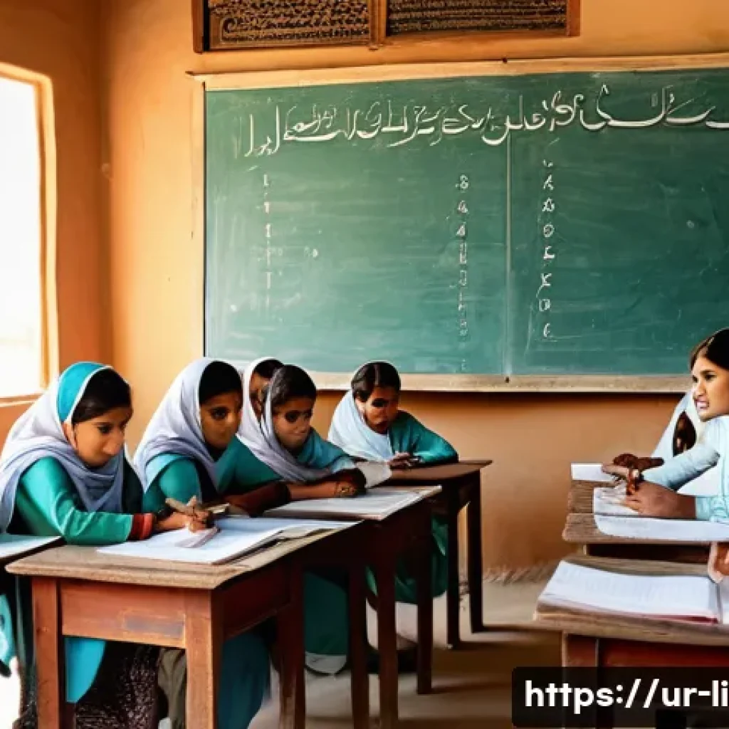 문해교육사와 학습 프로젝트 사례 - A vibrant classroom scene in a rural Pakistani village, featuring a diverse group of adult learners ...