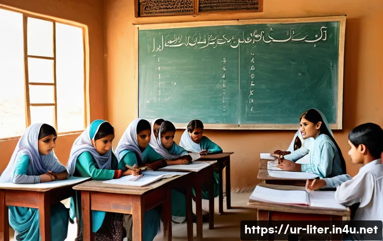 문해교육사와 학습 프로젝트 사례 - A vibrant classroom scene in a rural Pakistani village, featuring a diverse group of adult learners ...
