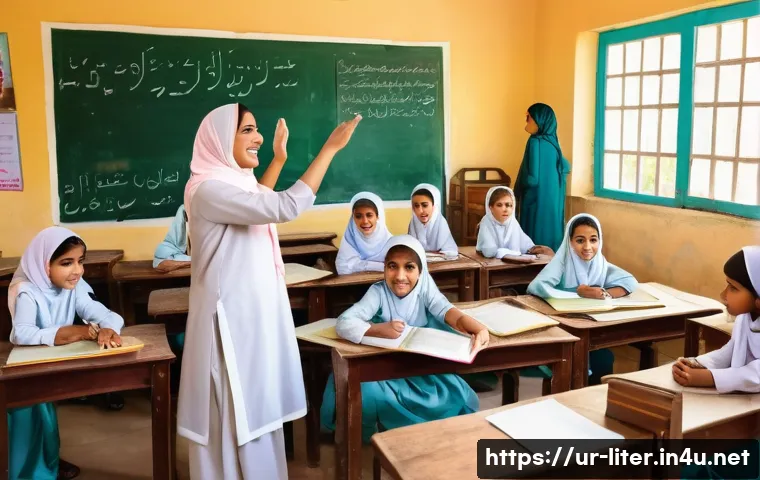 문해교육사와 교육 혁신 사례 - A vibrant classroom scene in a Pakistani school where a diverse group of children, wearing modest sc...