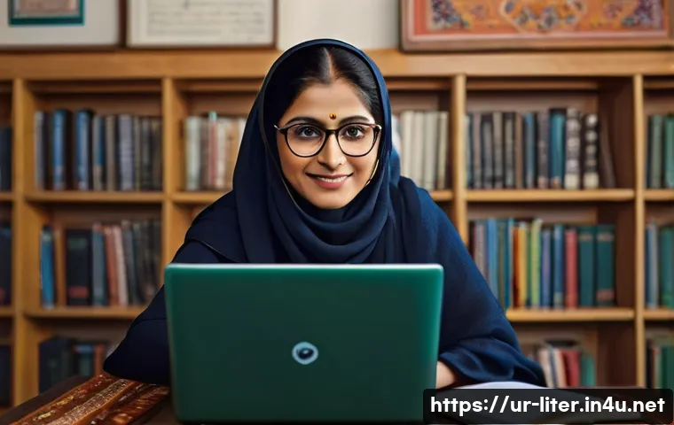 문해교육사와 새로운 학습 플랫폼 - A modern classroom scene in a Pakistani home setting where a middle-aged woman wearing modest tradit...