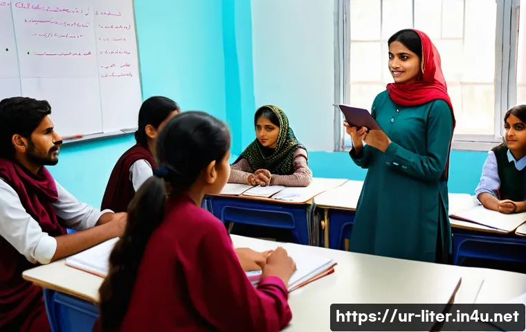 문해교육사와 학습 프로젝트 운영법 - A vibrant classroom scene in a Pakistani school setting, showing a diverse group of students attenti...