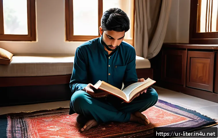 문해교육사 필수 도서 목록 - A serene study environment in a traditional Pakistani home featuring a young adult male sitting cros...