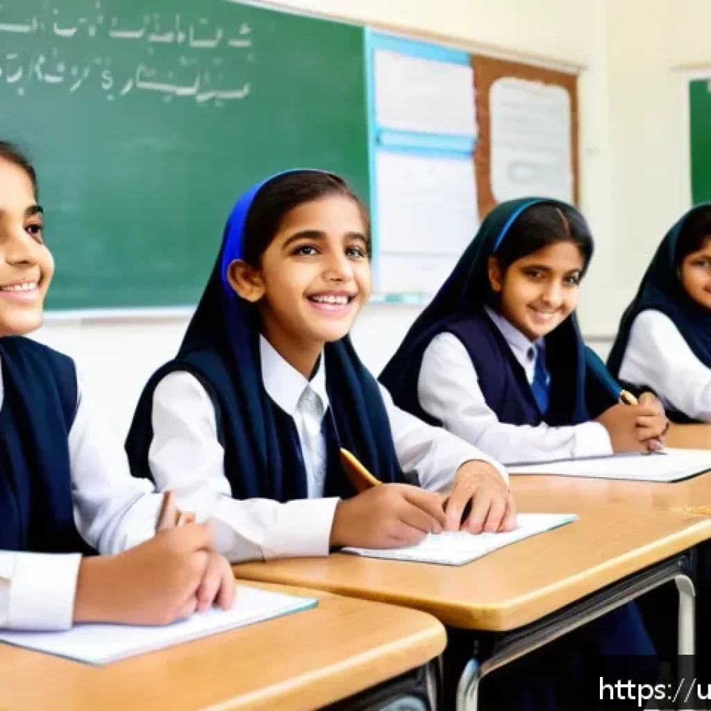 문해교육사와 학생 만족도 조사 결과 - A modern classroom scene in a Pakistani school setting, featuring a diverse group of enthusiastic Ur...