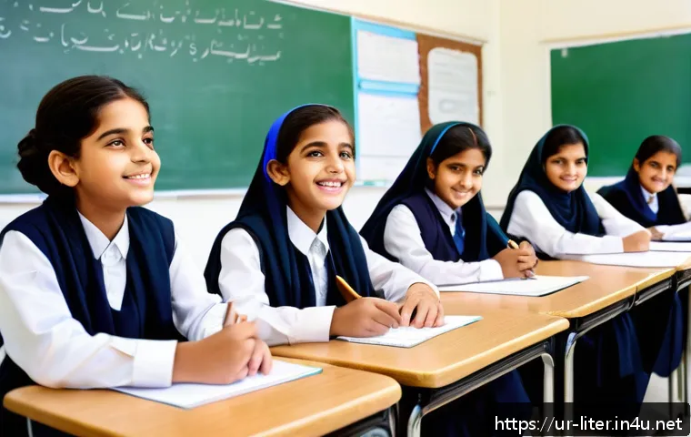 문해교육사와 학생 만족도 조사 결과 - A modern classroom scene in a Pakistani school setting, featuring a diverse group of enthusiastic Ur...