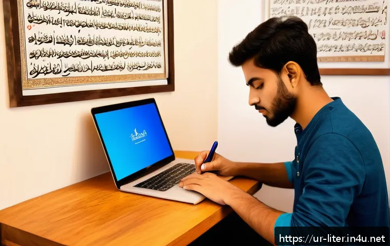 문해교육사와 자기 주도 학습 사례 - A focused young South Asian adult studying at a wooden desk in a bright, cozy room decorated with Ur...