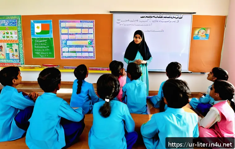 문해교육사와 학습 모델 비교 - A vibrant classroom scene in a modern Pakistani school featuring a diverse group of children aged 7-...