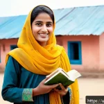 문해교육사와 학습 목표 달성 사례 - A confident young Urdu-speaking woman from a rural Pakistani village, dressed in modest traditional ...
