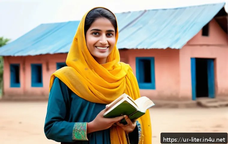 문해교육사와 학습 목표 달성 사례 - A confident young Urdu-speaking woman from a rural Pakistani village, dressed in modest traditional ...