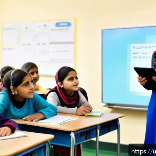 문해교육사 강의 자료 제작 도구 - A modern classroom scene in Pakistan featuring a female teacher using a digital tablet to create int...