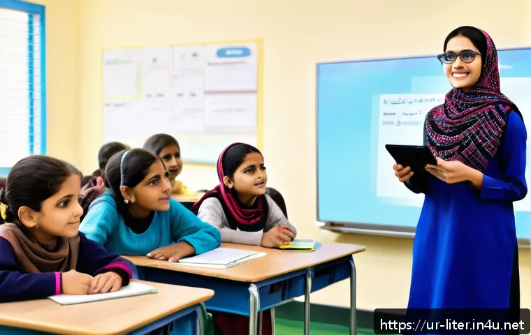 문해교육사 강의 자료 제작 도구 - A modern classroom scene in Pakistan featuring a female teacher using a digital tablet to create int...