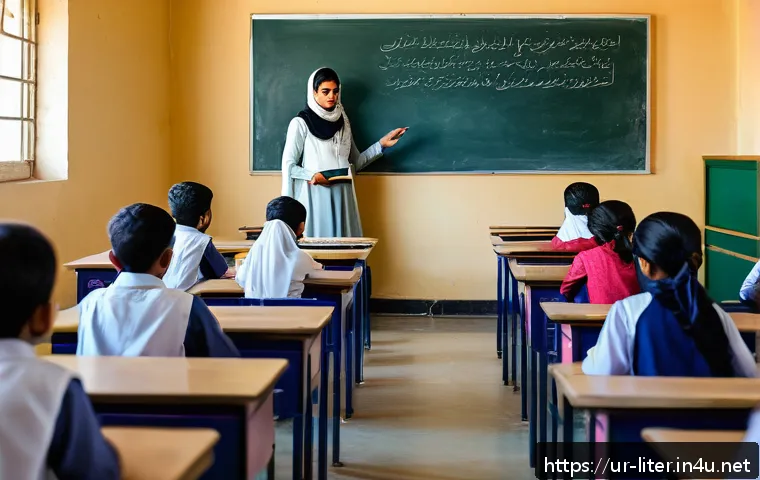 문해교육사 학습 목표 설정법 - A modern classroom scene in Pakistan featuring a diverse group of Urdu-speaking students, boys and g...