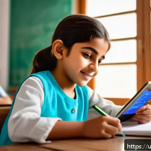 문해교육사와 교육 지원 시스템 활용 - A modern classroom scene in a bright, well-lit home setting featuring a young Pakistani child aged 8...