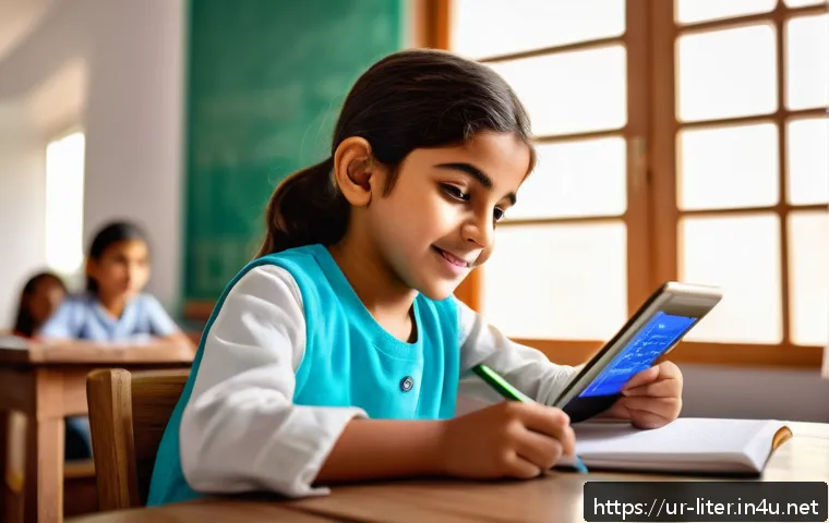 문해교육사와 교육 지원 시스템 활용 - A modern classroom scene in a bright, well-lit home setting featuring a young Pakistani child aged 8...