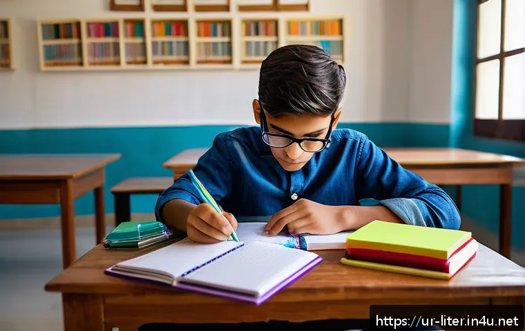 문해교육사와 심화 학습법 - A focused South Asian teenage student sitting at a traditional wooden desk in a quiet, well-lit stud...