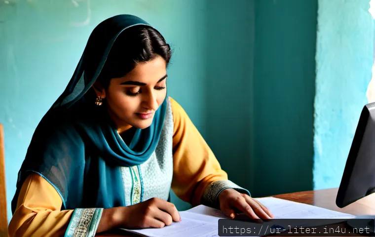 Home 30 문해교육사와 직업 만족도 조사 분석 - Photorealistic Pakistani Urdu literacy educator in modest shalwar kameez and dupatta, seated at a ti...