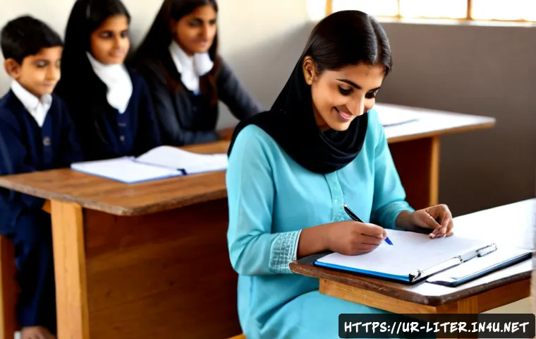Home 30 문해교육사와 직무 만족 설문 - Photorealistic Pakistani Urdu literacy educator in modest shalwar kameez seated at a bright communit...