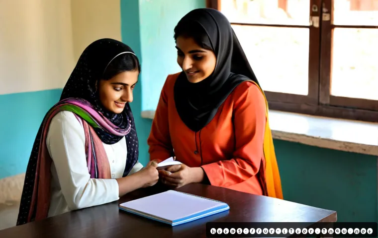 Home 17 문해교육사와 학생 지원 사례 분석 - Photorealistic adult literacy educator in modest Pakistani shalwar kameez warmly supporting an adult...