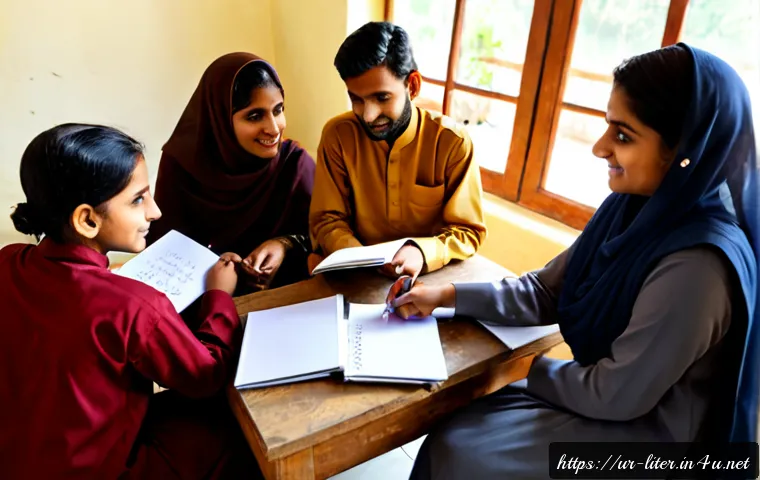 Home 17 문해교육사와 최신 자격증 동향 - Photorealistic adult literacy educator guiding a small group of Urdu-speaking Pakistani women and me...
