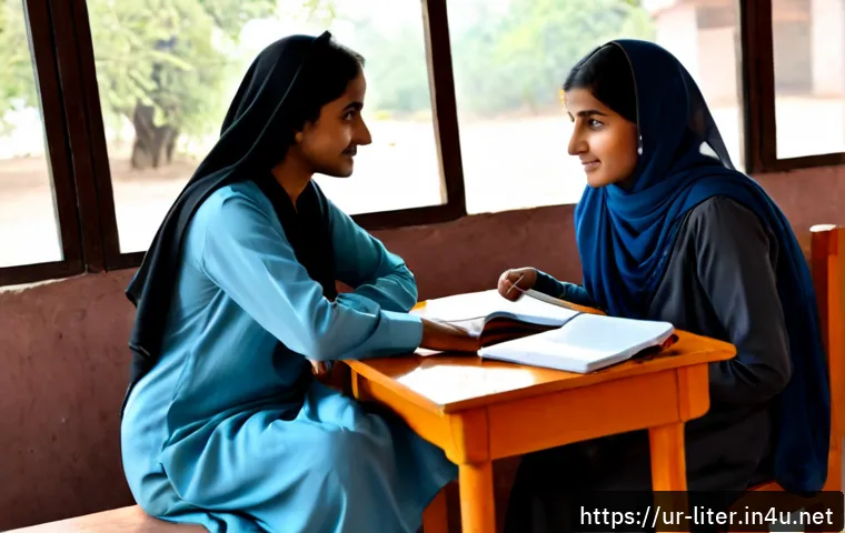 문해교육사 필수 소프트 스킬 - Photorealistic adult literacy educator in modest Pakistani shalwar kameez seated at a bright communi...
